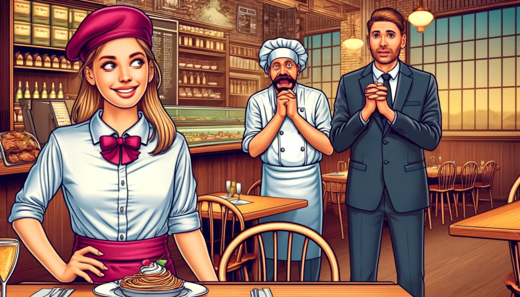 A vivid and detailed illustration depicting a waitress in a cafe with an anxious farmer and chef standing behind her. The scene shows them hoping the